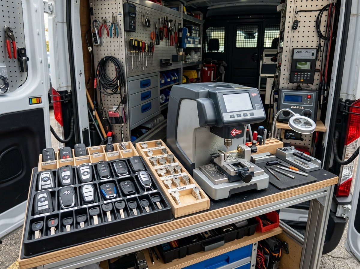 Automotive transponder car key programming and laser cutting in mobile van