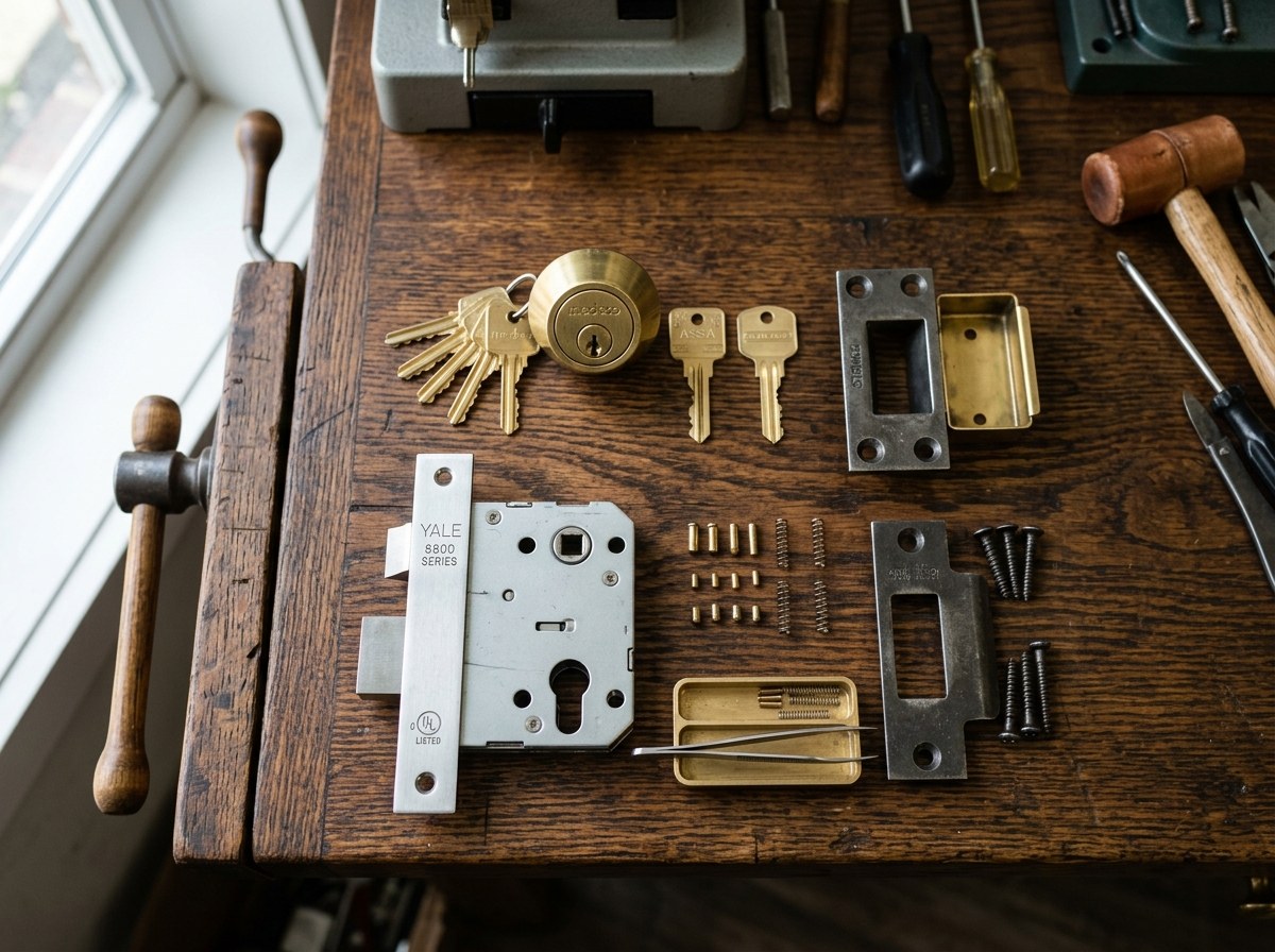 Precision mortise lock and high-security cylinders on locksmith workbench